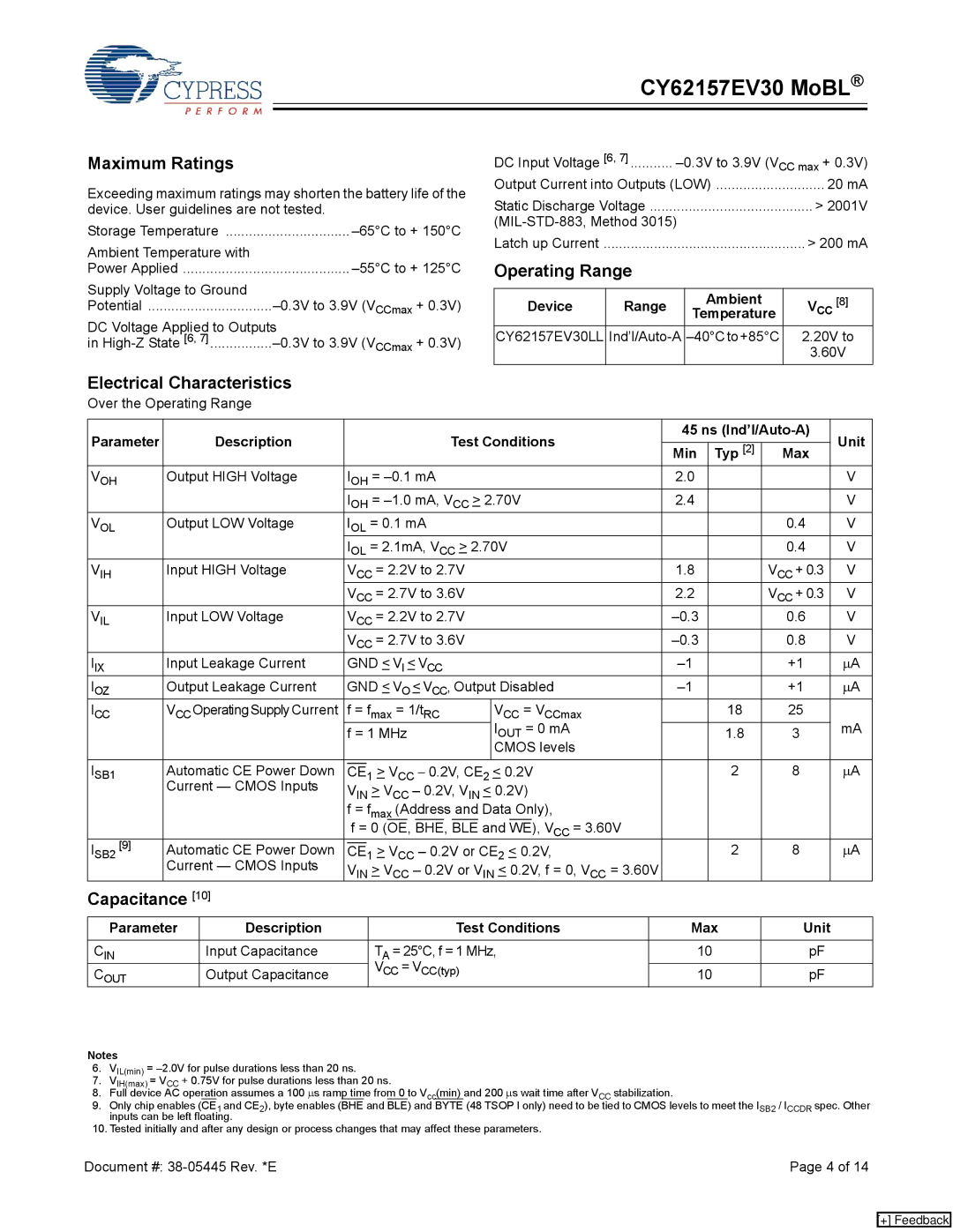 Cypress CY62157EV30 manual Maximum Ratings, Operating Range, Electrical Characteristics, Capacitance 