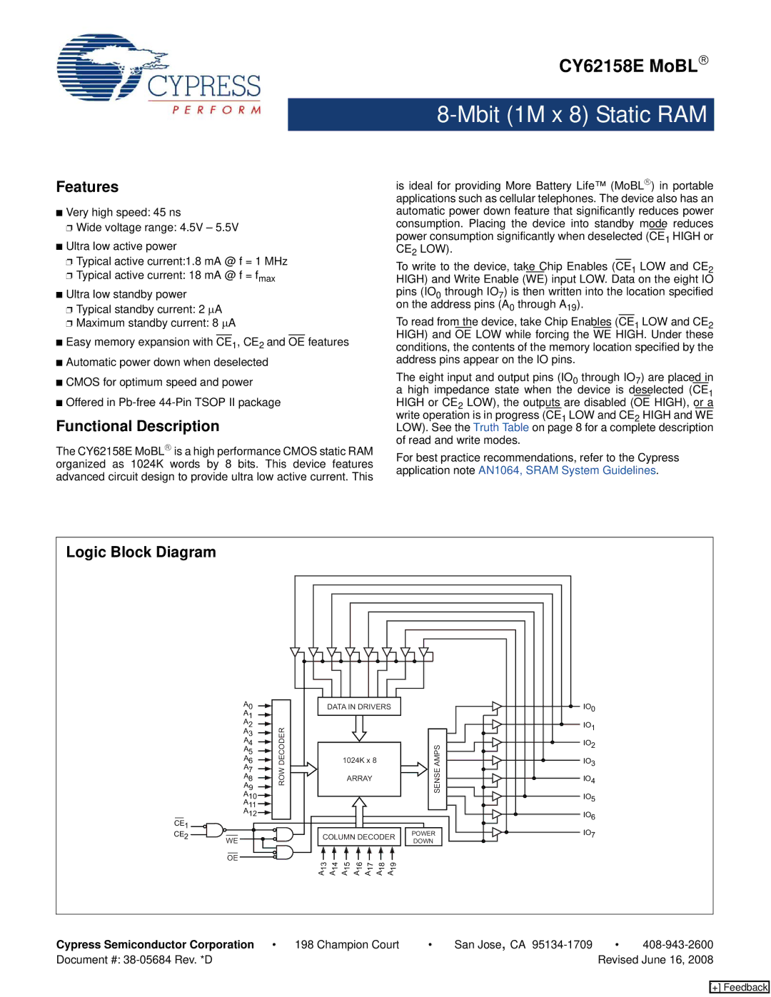 Cypress CY62158E manual Features, Functional Description, Logic Block Diagram, San Jose , CA Document # 38-05684 Rev. *D 