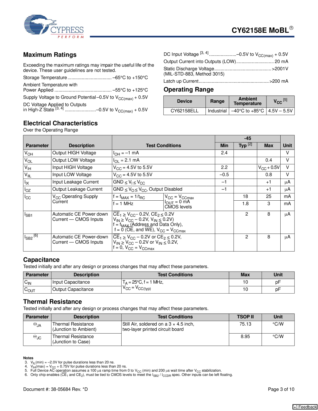 Cypress CY62158E manual Maximum Ratings, Operating Range, Electrical Characteristics, Capacitance, Thermal Resistance 