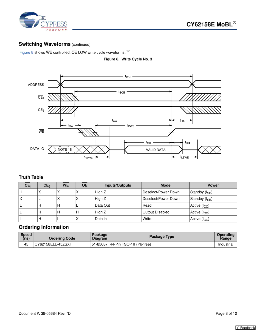 Cypress CY62158E manual Ordering Information, Inputs/Outputs Mode Power 