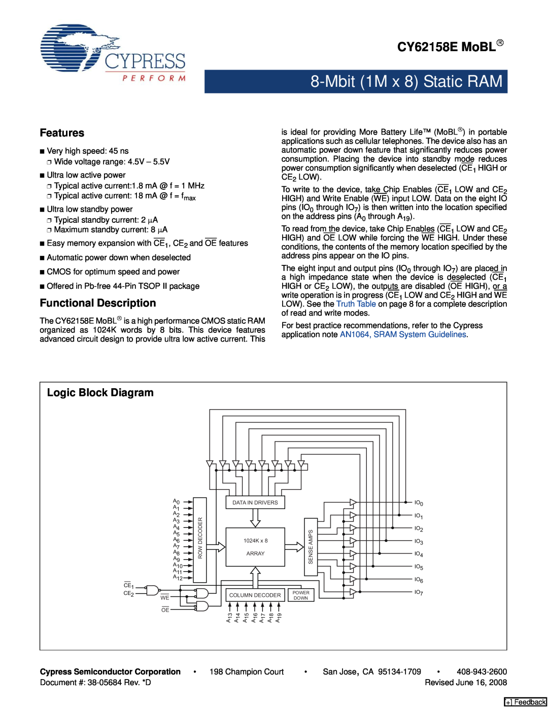 Cypress manual CY62158E MoBL→, Features, Functional Description, Logic Block Diagram, Mbit 1M x 8 Static RAM 