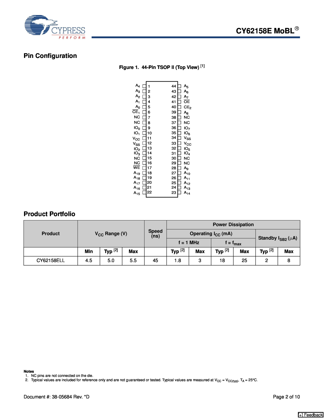 Cypress manual Pin Configuration, Product Portfolio, CY62158E MoBL→, Page 2 of 