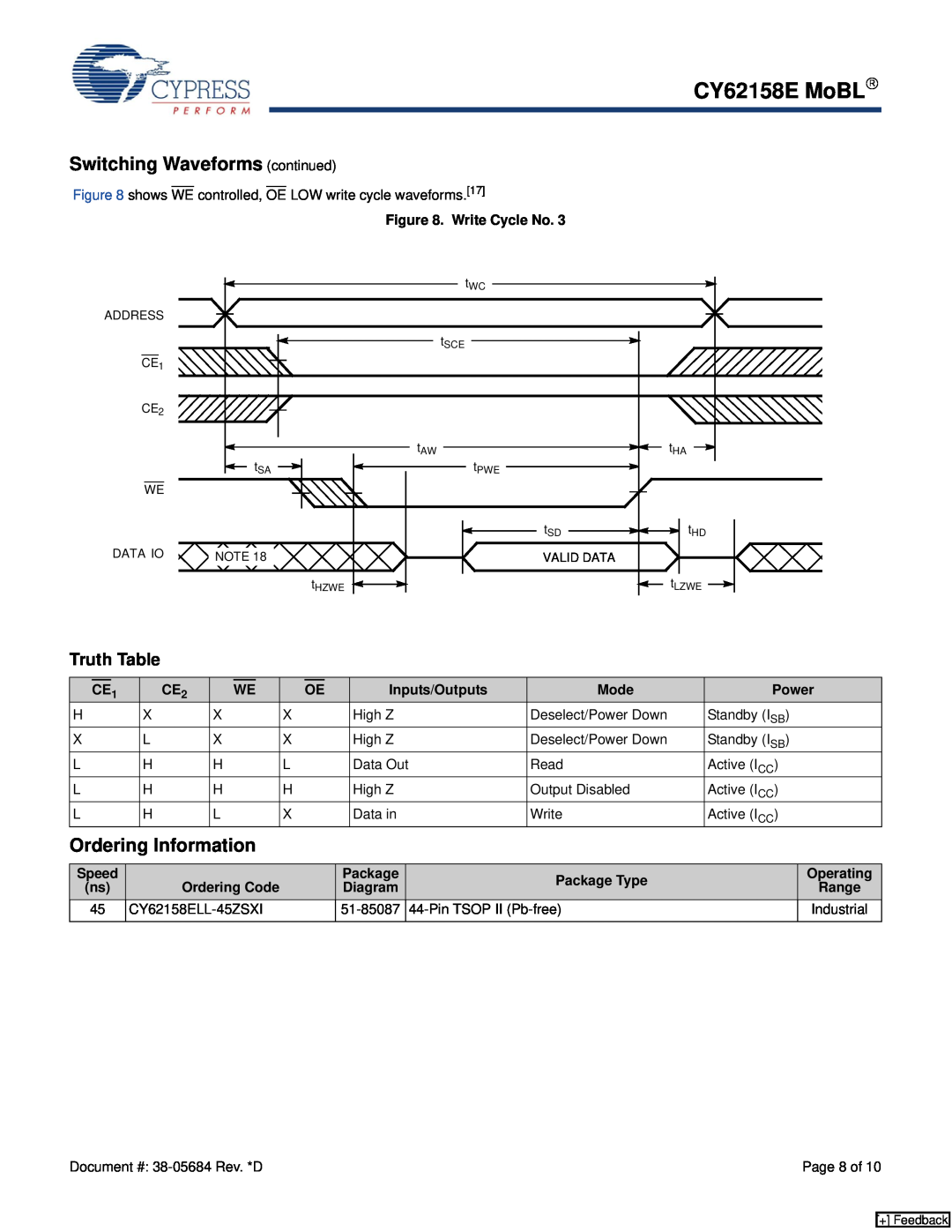 Cypress manual Ordering Information, Truth Table, CY62158E MoBL→, Switching Waveforms continued, Industrial 