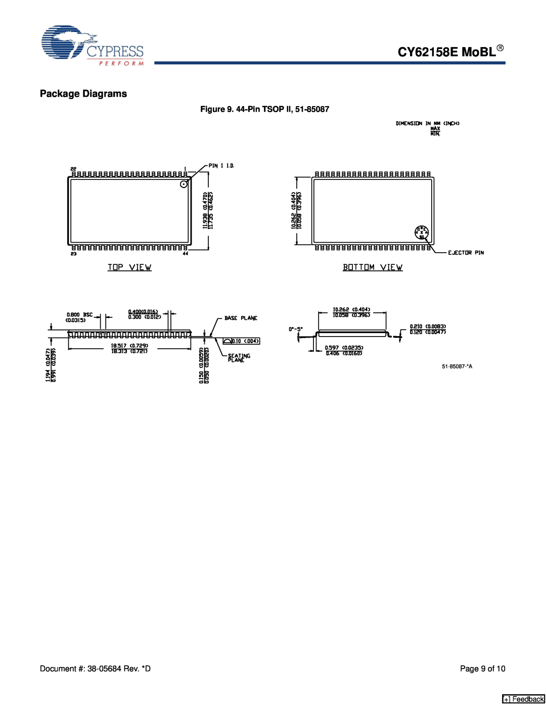 Cypress manual Package Diagrams, CY62158E MoBL→, 44-Pin TSOP II, + Feedback 