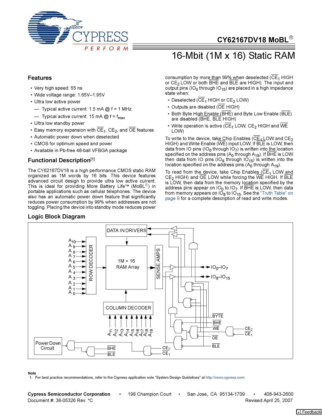 Cypress CY62167DV18 manual Features, Functional Description1, Logic Block Diagram, Cypress Semiconductor Corporation 