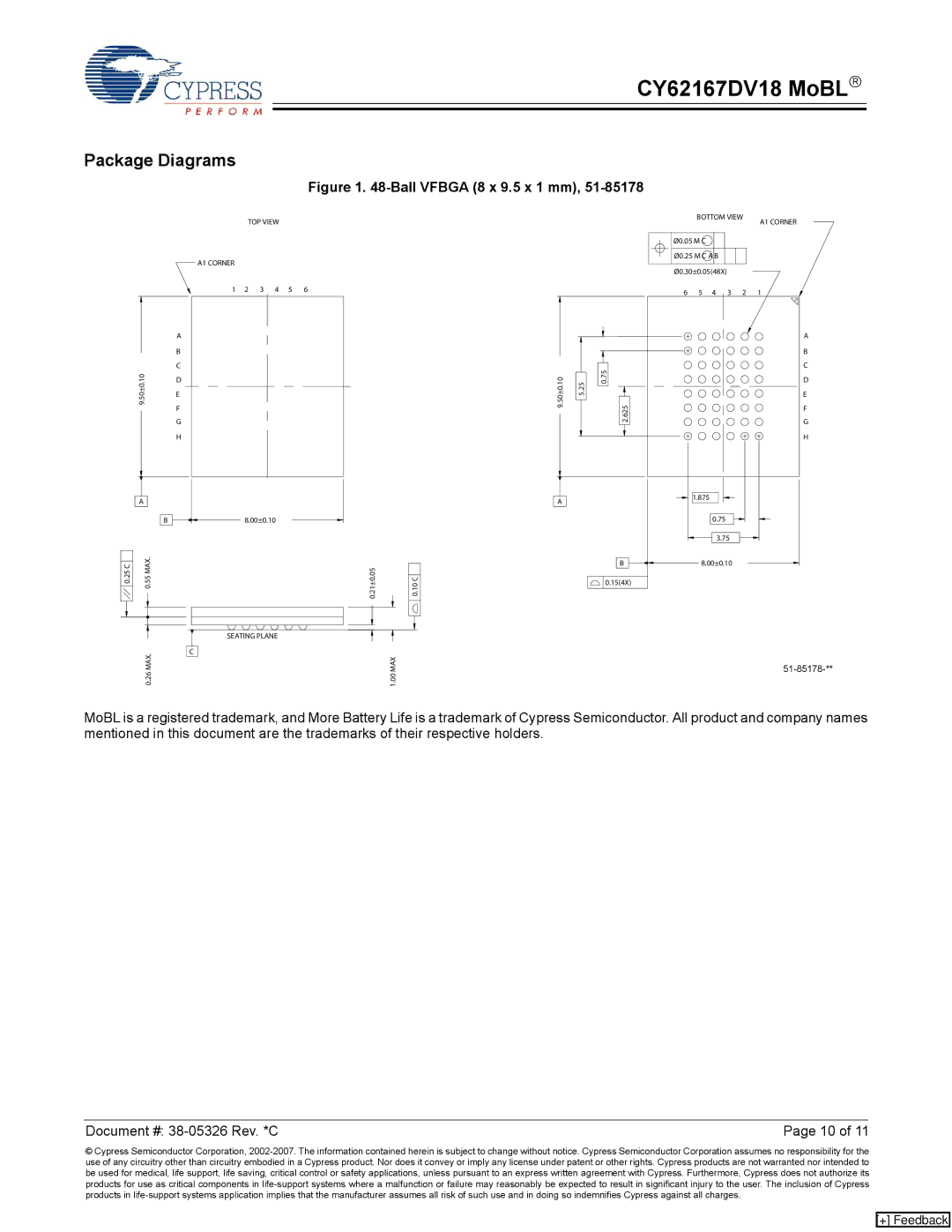 Cypress CY62167DV18 manual Package Diagrams, Ball Vfbga 8 x 9.5 x 1 mm 