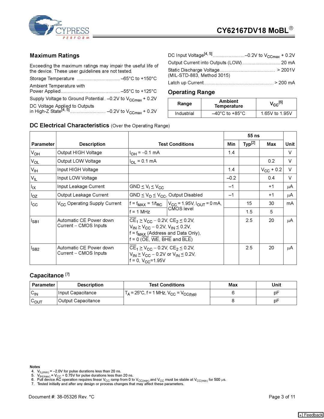 Cypress CY62167DV18 manual Maximum Ratings, DC Electrical Characteristics Over the Operating Range, Capacitance 