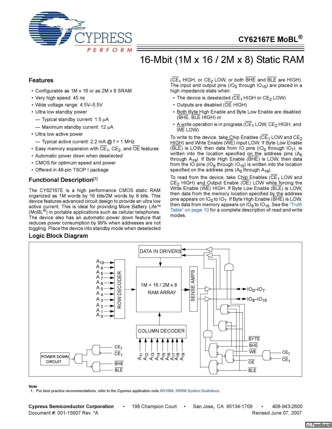 Cypress CY62167E MoBL manual Features, Functional Description1, Logic Block Diagram, Cypress Semiconductor Corporation 