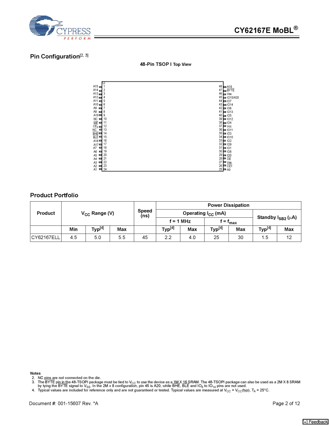 Cypress CY62167E MoBL manual Pin Configuration 2, Product Portfolio, Pin Tsop I Top View, Min, Typ Max 