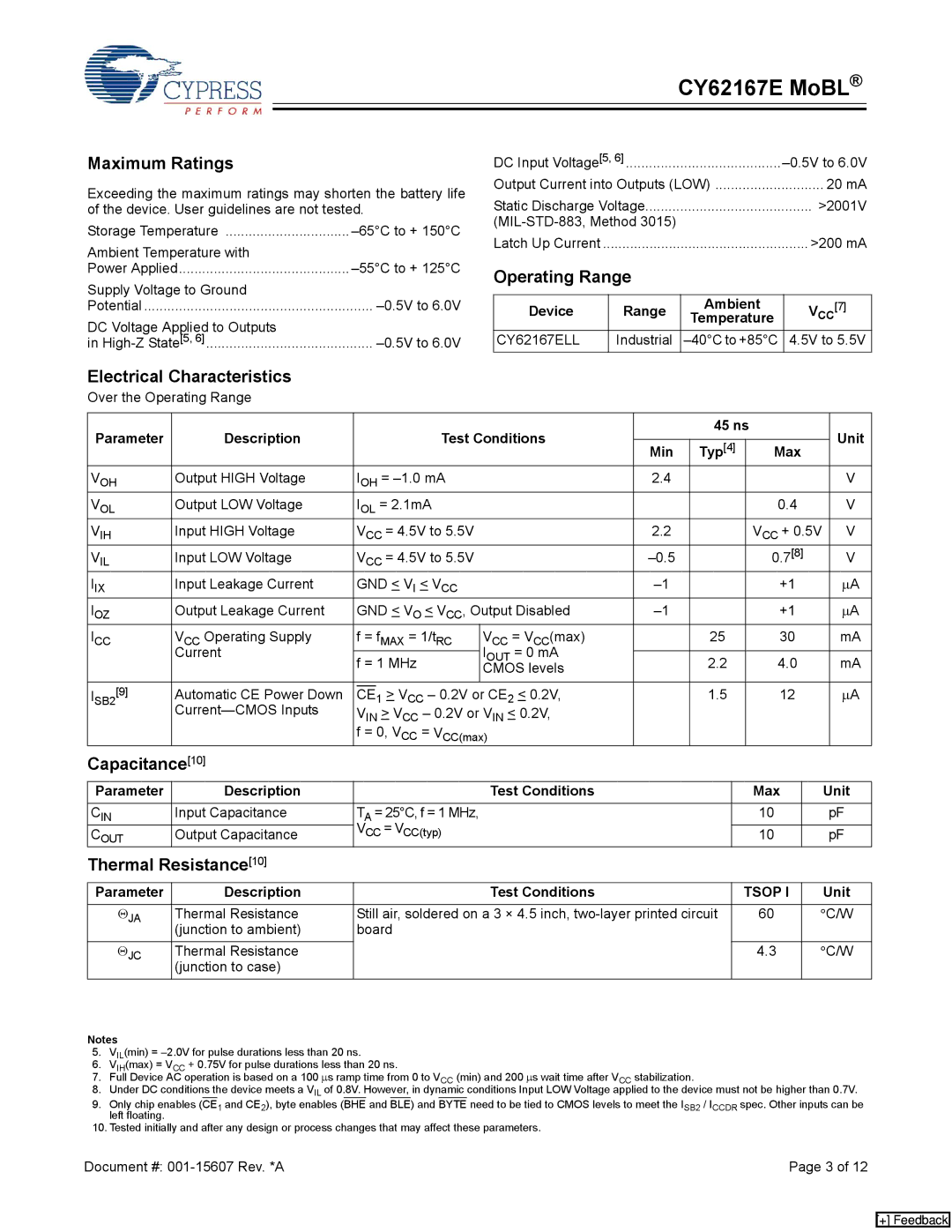 Cypress CY62167E MoBL manual Maximum Ratings, Operating Range, Electrical Characteristics, Capacitance, Thermal Resistance 