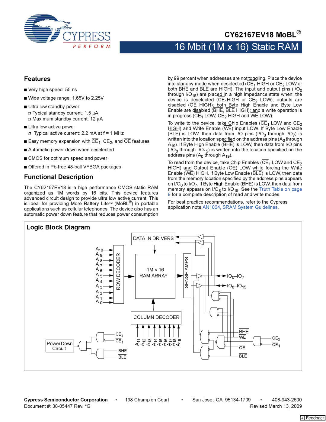 Cypress CY62167EV18 manual Features, Functional Description, Logic Block Diagram 