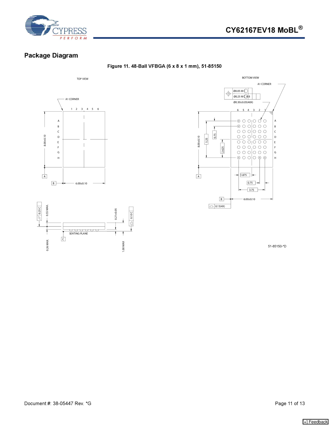 Cypress CY62167EV18 manual Ball Vfbga 6 x 8 x 1 mm 