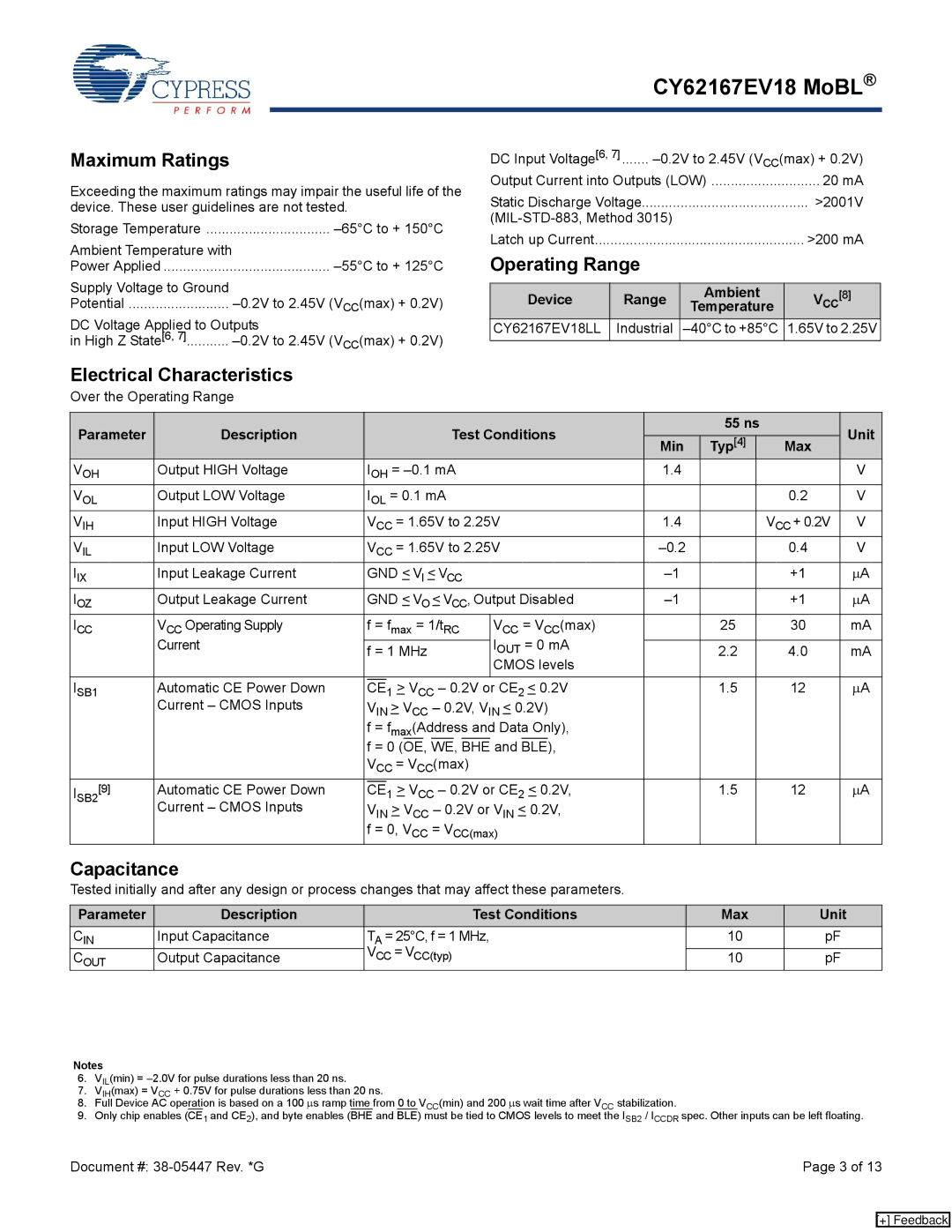 Cypress CY62167EV18 manual Maximum Ratings, Operating Range, Electrical Characteristics, Capacitance 