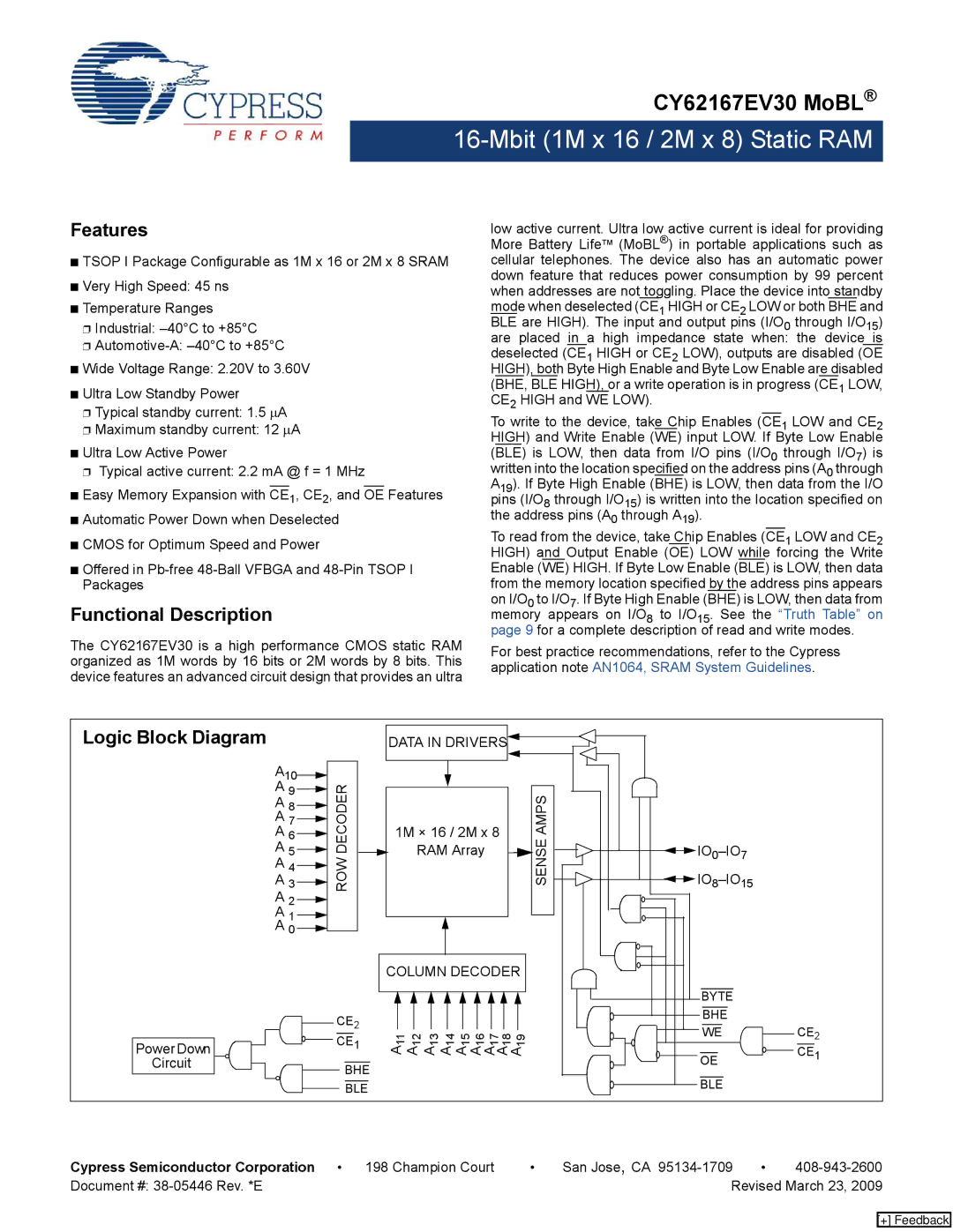 Cypress CY62167EV30 manual Features, Functional Description, Logic Block Diagram 