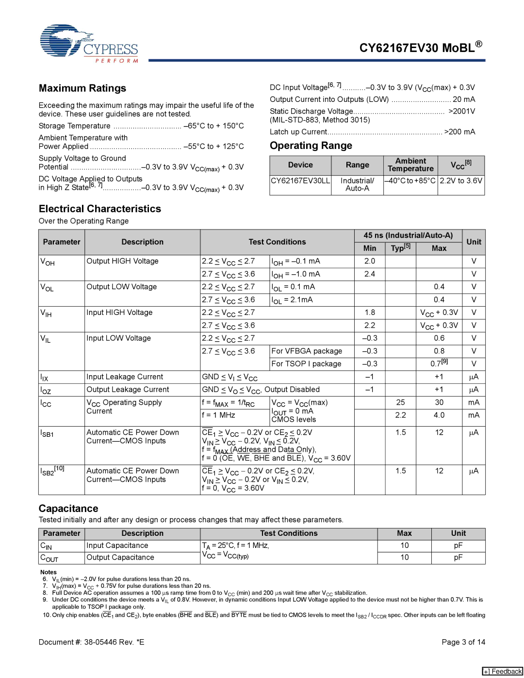 Cypress CY62167EV30 manual Maximum Ratings, Operating Range, Electrical Characteristics, Capacitance 