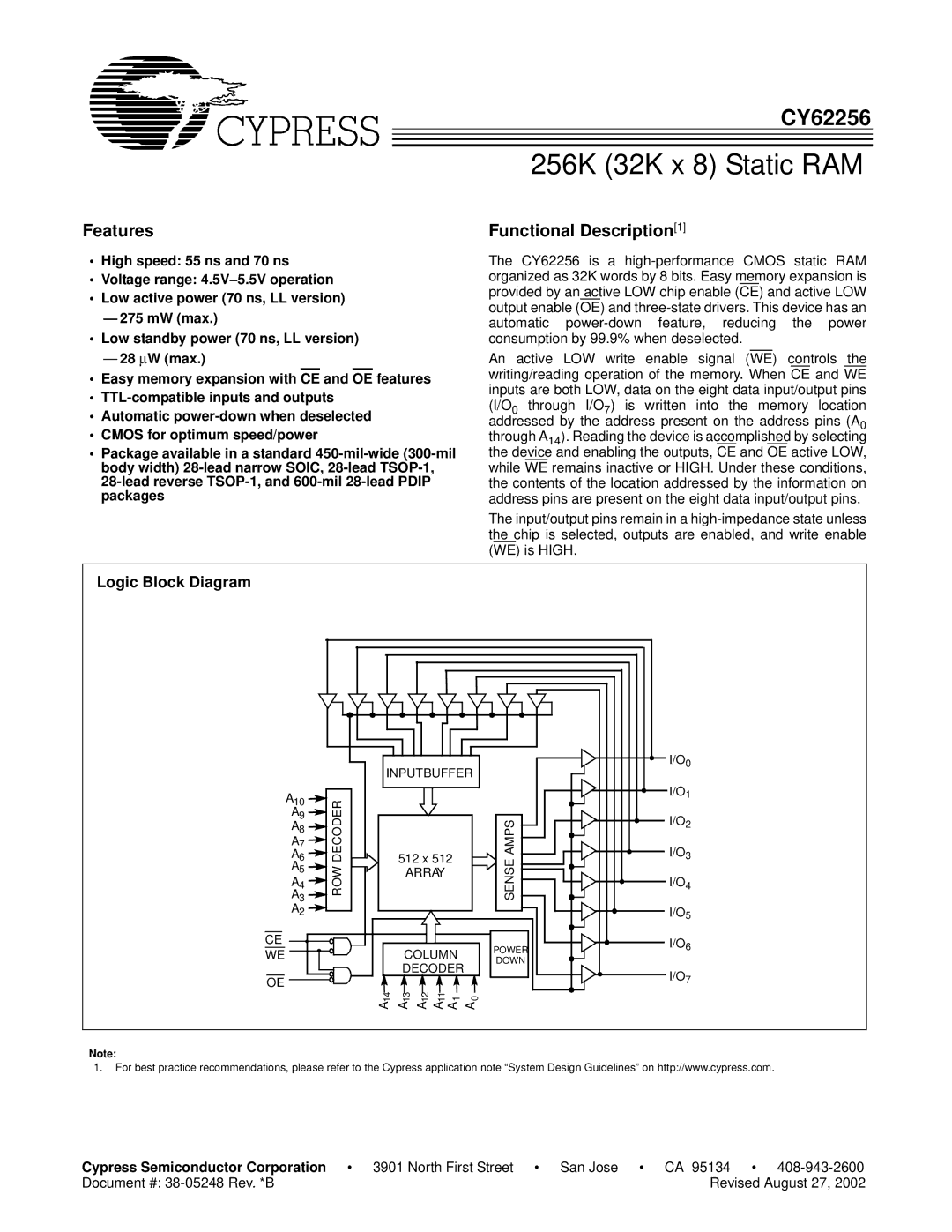 Cypress CY62256 manual Features, Cypress Semiconductor Corporation, Inputbuffer, Column, Decoder 