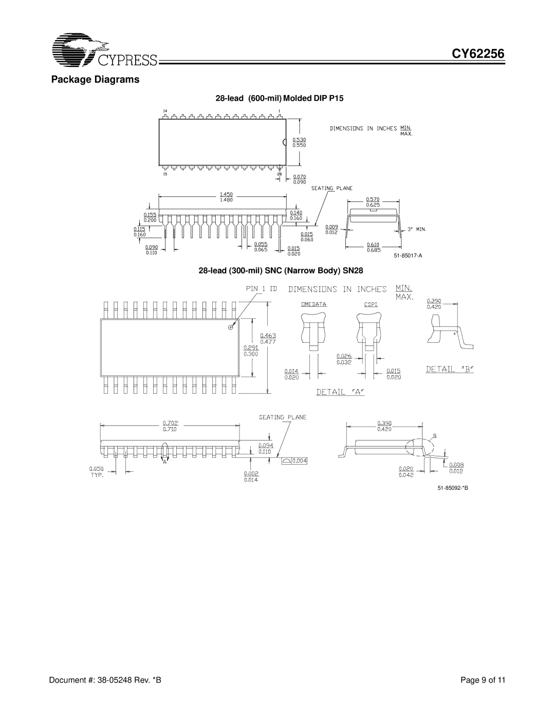 Cypress CY62256 manual Package Diagrams, Lead 600-mil Molded DIP P15, Lead 300-mil SNC Narrow Body SN28 