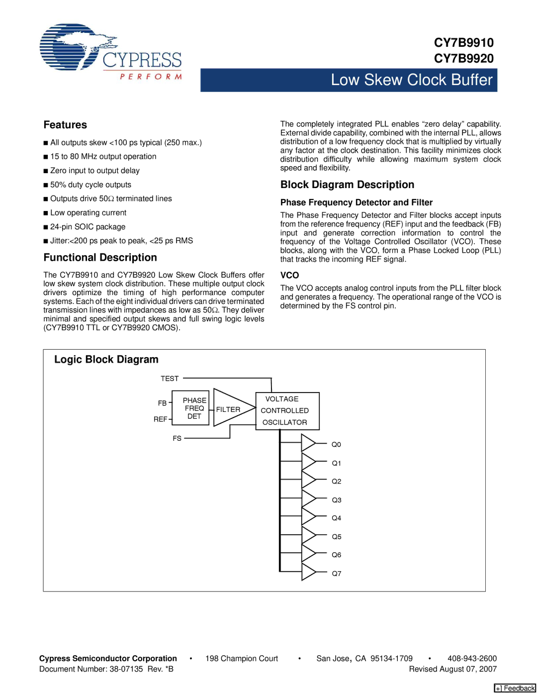 Cypress CY7B9920, CY7B9910 manual Features, Block Diagram Description, Functional Description, Logic Block Diagram 