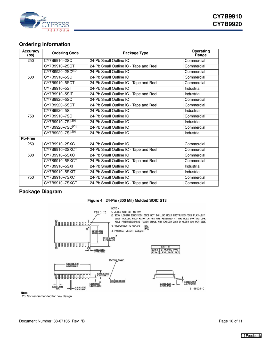 Cypress CY7B9910 manual Ordering Information, Package Diagram, Accuracy Ordering Code Package Type Operating Range, Pb-Free 