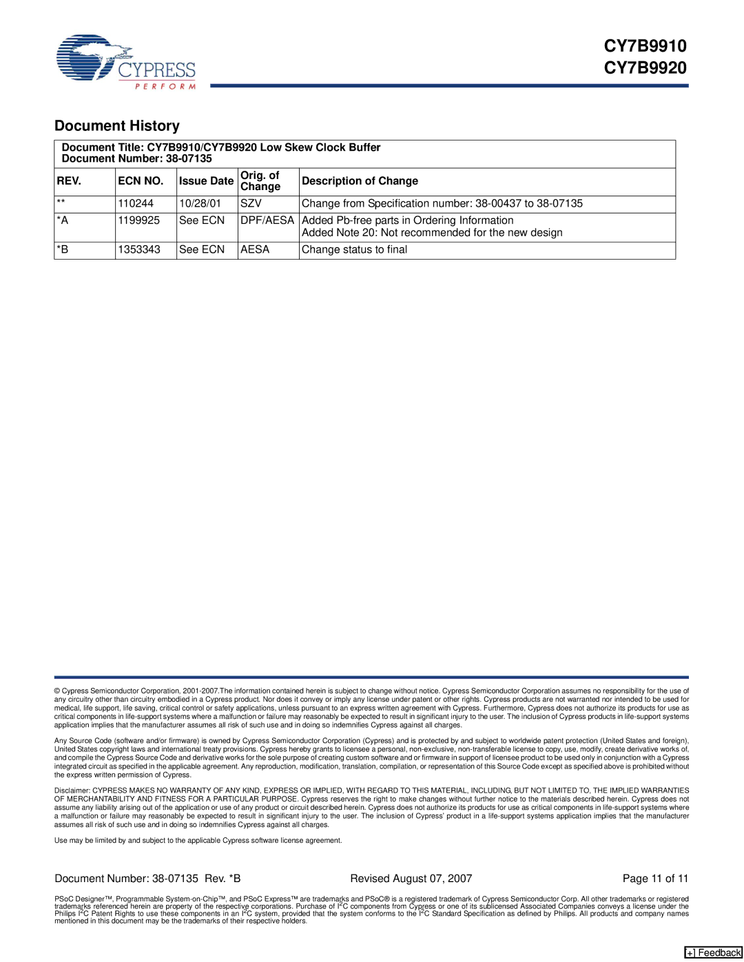 Cypress CY7B9920, CY7B9910 manual Document History, Issue Date Orig. Description of Change 