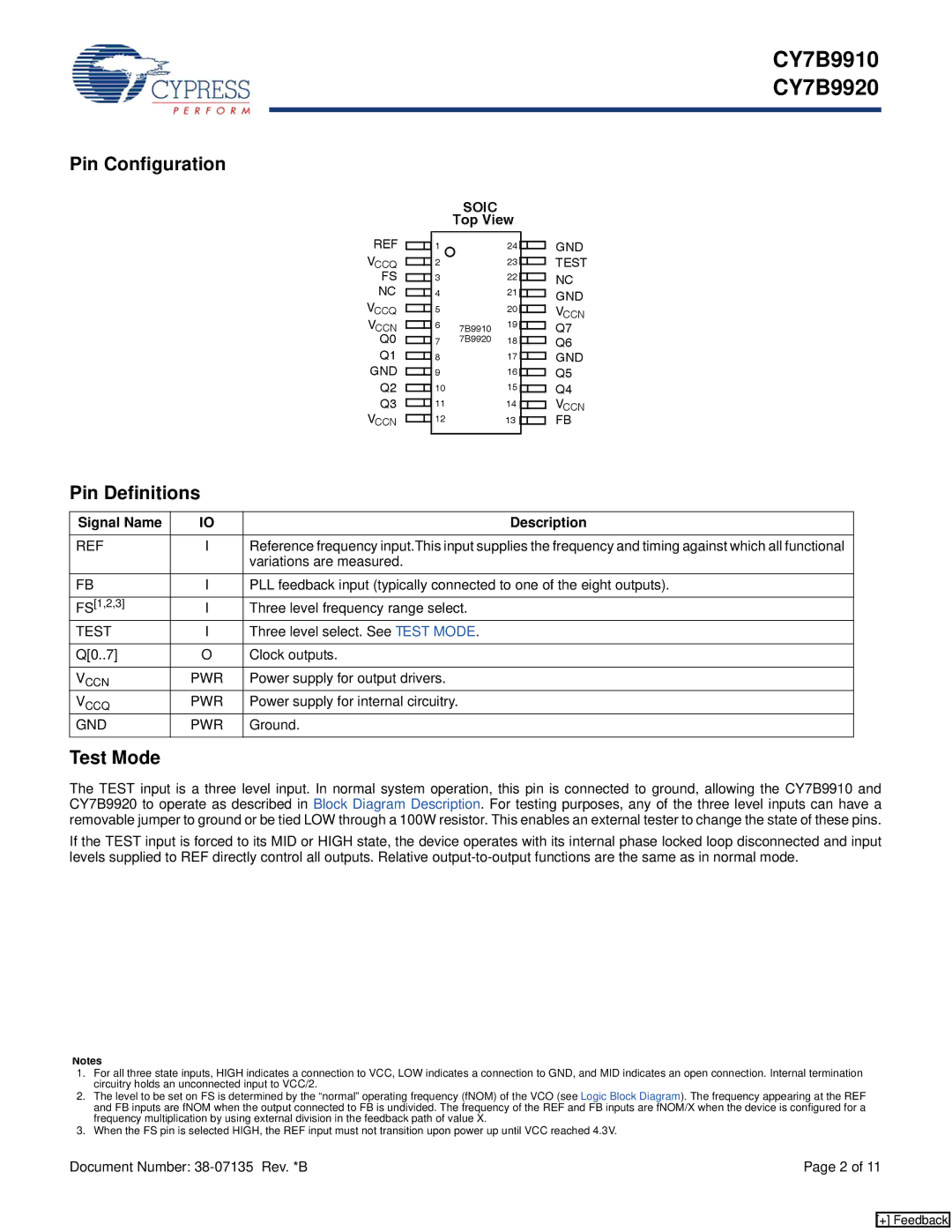 Cypress CY7B9910, CY7B9920 manual Pin Configuration, Pin Definitions, Test Mode, Signal Name Description 