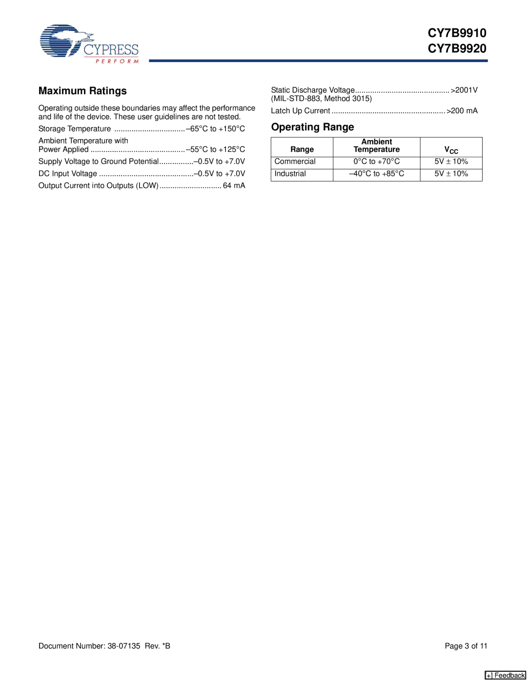 Cypress CY7B9920, CY7B9910 manual Maximum Ratings, Operating Range, Ambient Range 