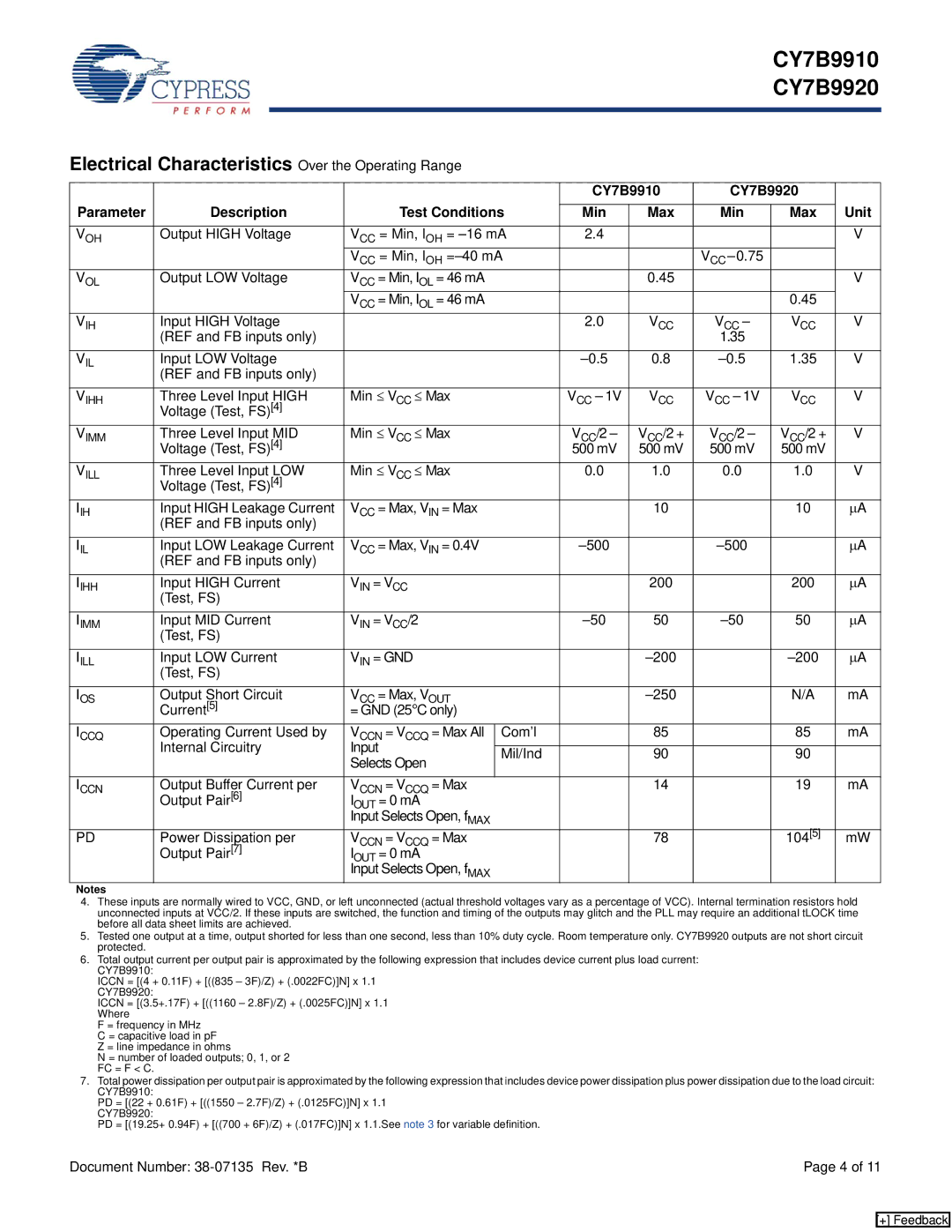 Cypress CY7B9910, CY7B9920 manual Electrical Characteristics Over the Operating Range 