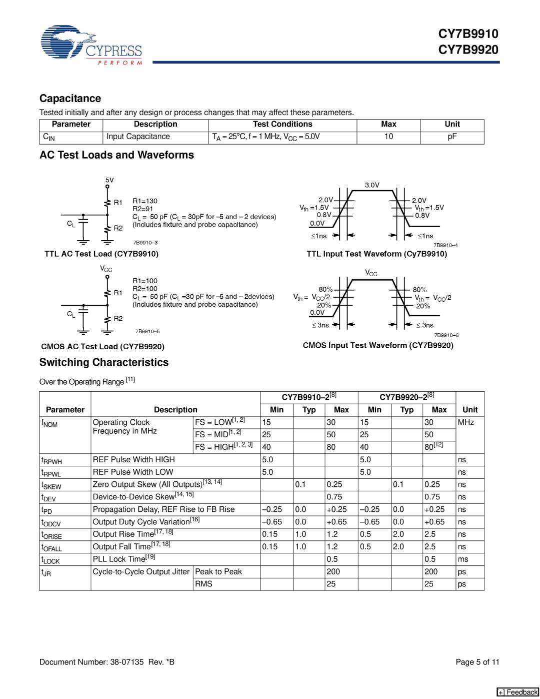 Cypress CY7B9920, CY7B9910 manual Capacitance, Switching Characteristics, Parameter Description Test Conditions 