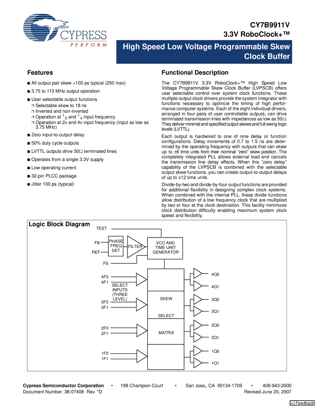 Cypress CY7B9911V manual Features, Functional Description, Logic Block Diagram 