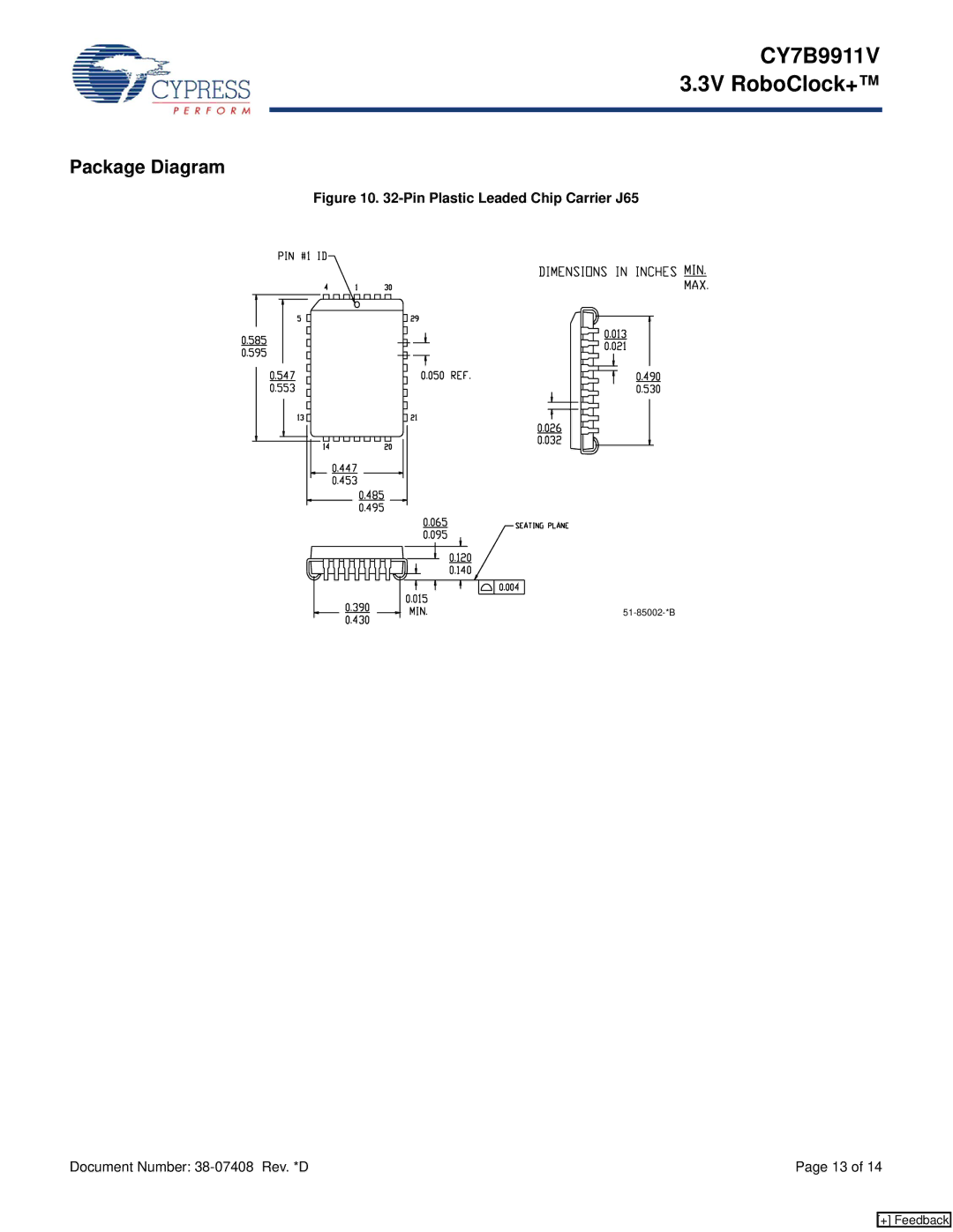 Cypress CY7B9911V manual Package Diagram, Pin Plastic Leaded Chip Carrier J65 