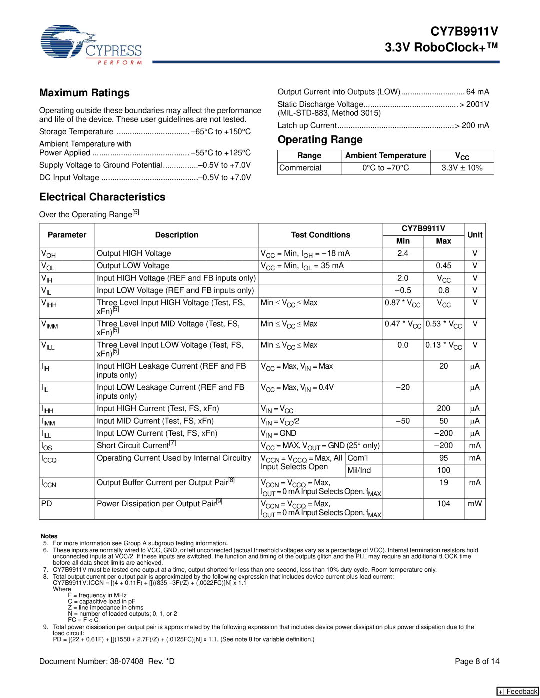 Cypress CY7B9911V manual Maximum Ratings, Operating Range, Electrical Characteristics 