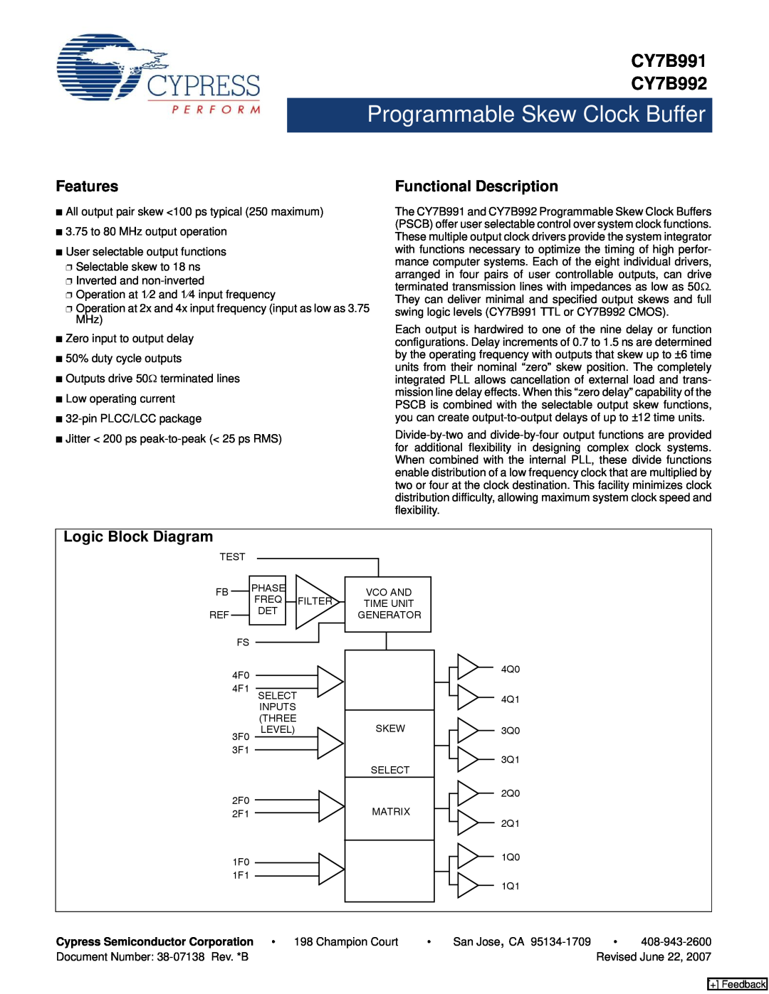 Cypress manual CY7B991 CY7B992, Features, Functional Description, Logic Block Diagram, Programmable Skew Clock Buffer 