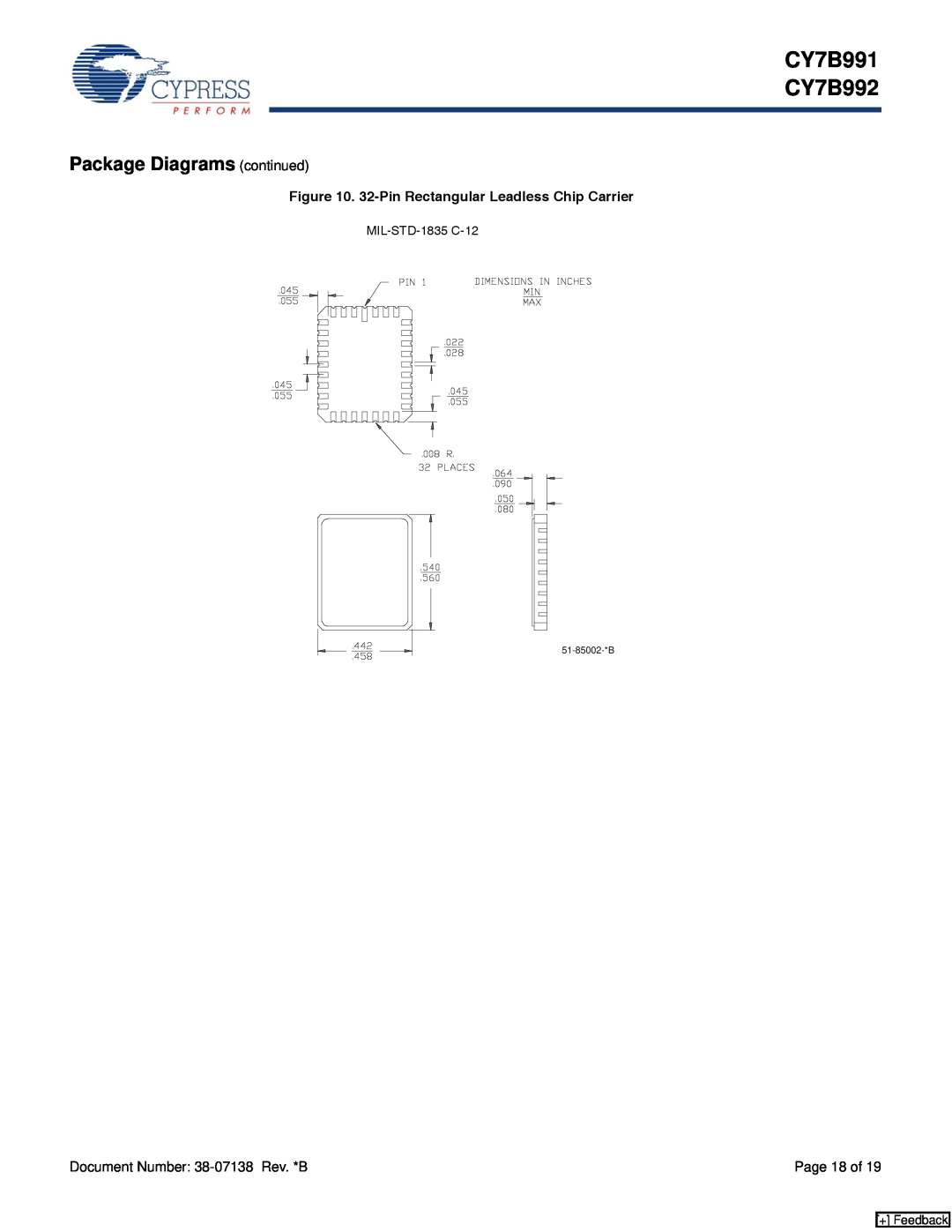 Cypress manual Package Diagrams continued, 32-Pin Rectangular Leadless Chip Carrier, CY7B991 CY7B992, + Feedback 