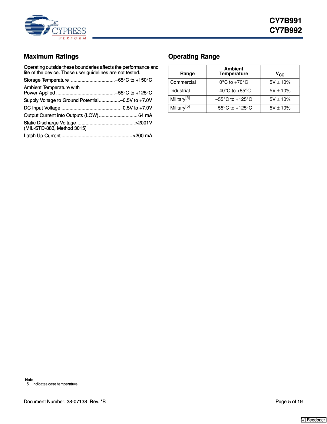 Cypress manual Maximum Ratings, Operating Range, Ambient, CY7B991 CY7B992 