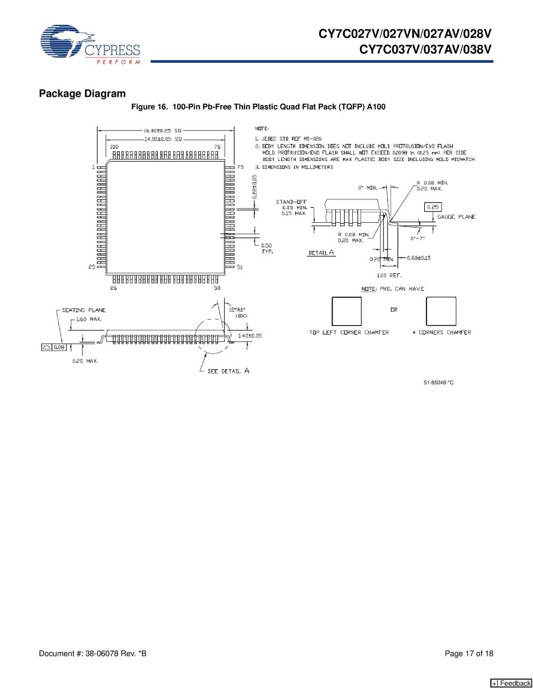 Cypress CY7C028V, CY7C037AV, CY7C037V, CY7C027V, CY7C027AV Package Diagram, Pin Pb-Free Thin Plastic Quad Flat Pack Tqfp A100 