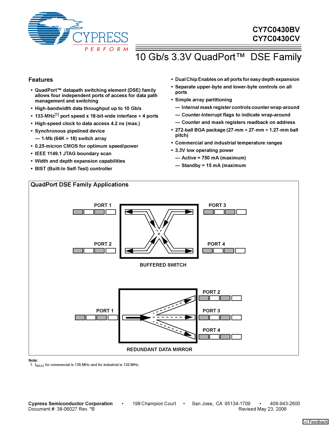 Cypress CY7C0430CV, CY7C0430BV manual Features, QuadPort DSE Family Applications, Cypress Semiconductor Corporation 