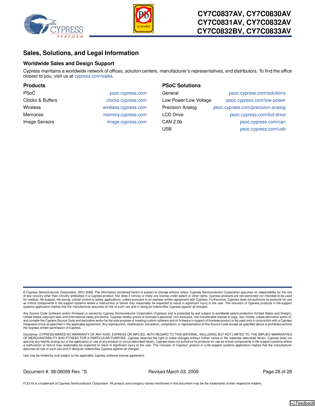 Cypress CY7C0832AV Sales, Solutions, and Legal Information, Worldwide Sales and Design Support Products PSoC Solutions 