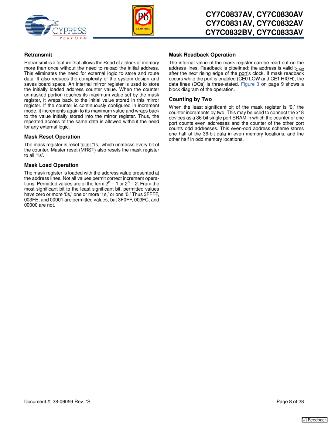 Cypress CY7C0833AV manual Retransmit, Mask Reset Operation, Mask Readback Operation, Counting by Two, Mask Load Operation 