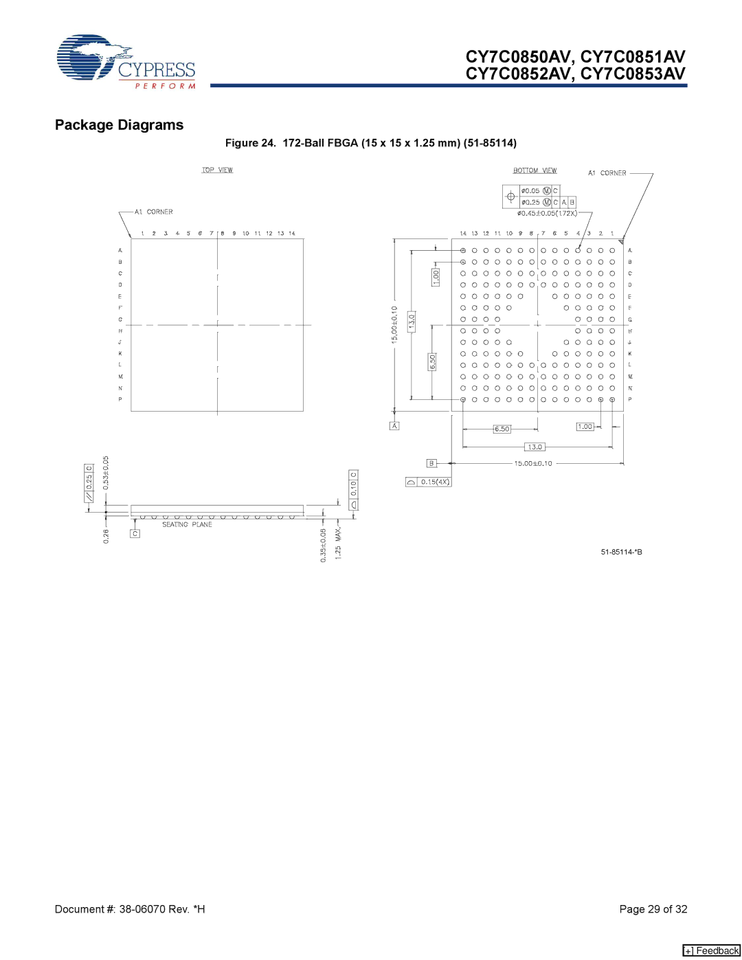 Cypress CY7C0853AV, CY7C0852AV, CY7C0850AV, CY7C0851AV manual Package Diagrams, Ball Fbga 15 x 15 x 1.25 mm 