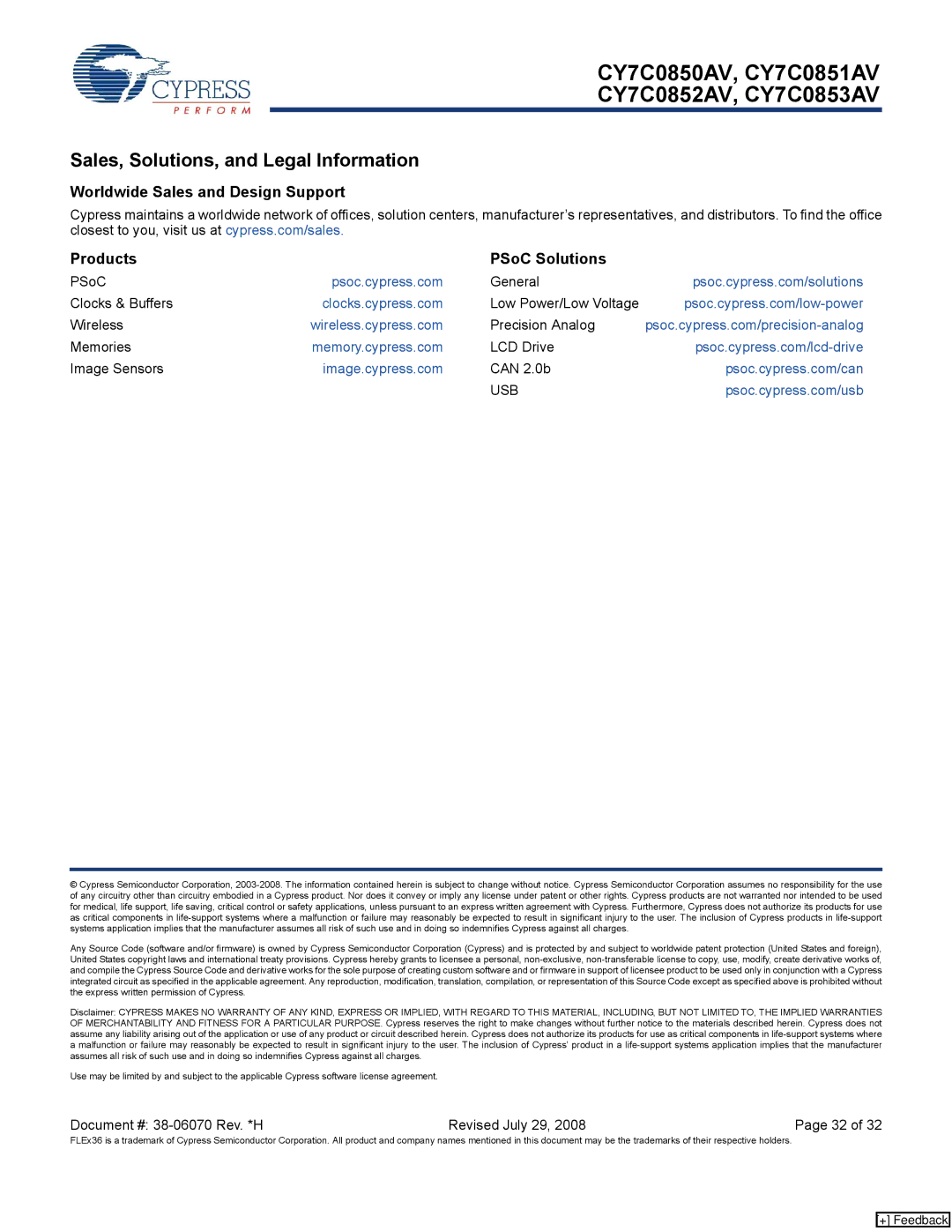 Cypress CY7C0852AV Sales, Solutions, and Legal Information, Worldwide Sales and Design Support Products PSoC Solutions 