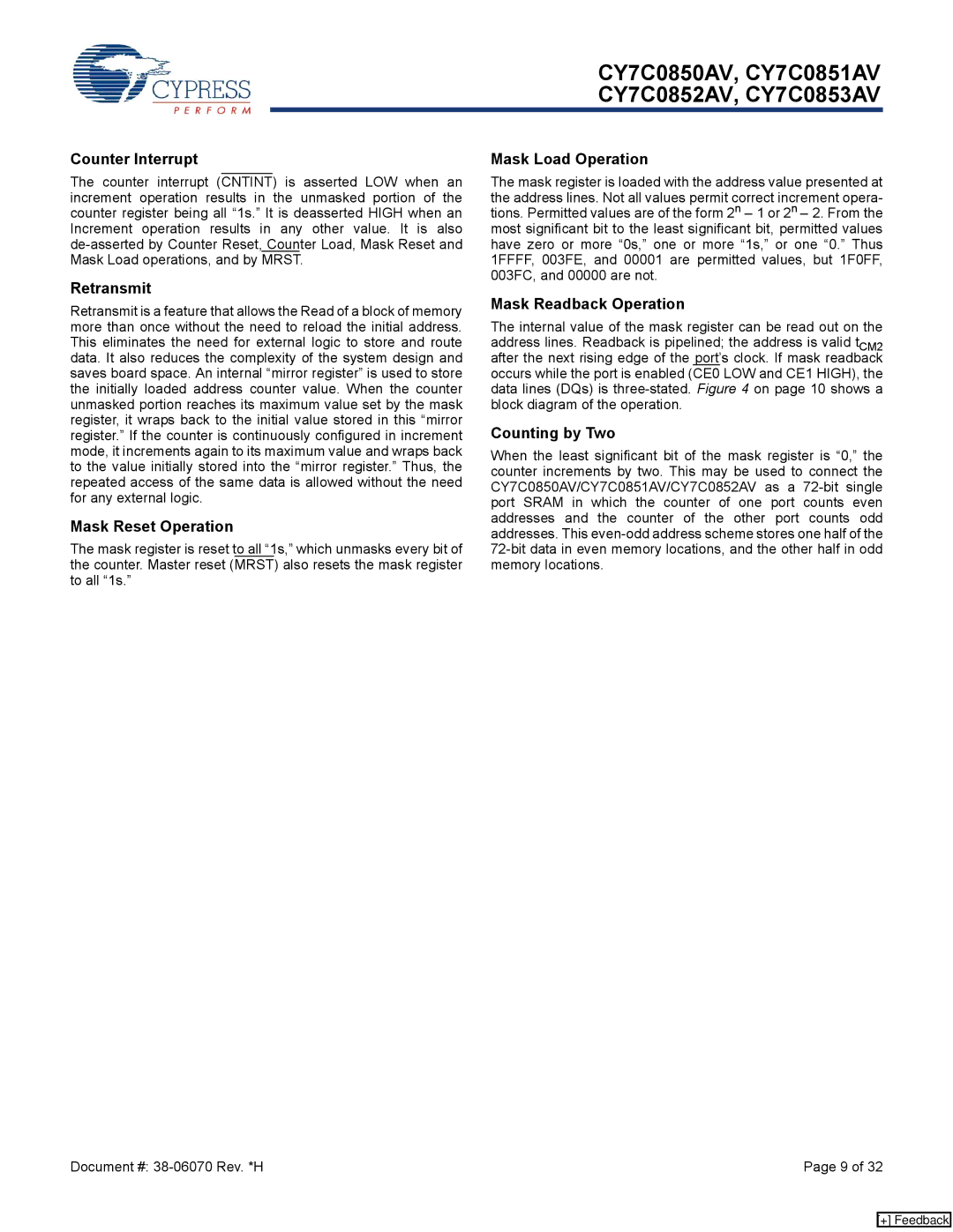 Cypress CY7C0853AV manual Counter Interrupt, Retransmit, Mask Reset Operation, Mask Load Operation, Mask Readback Operation 