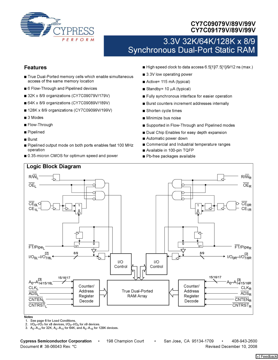 Cypress CY7C09099V, CY7C09179V manual Features, Logic Block Diagram, Cypress Semiconductor Corporation 198 Champion Court 