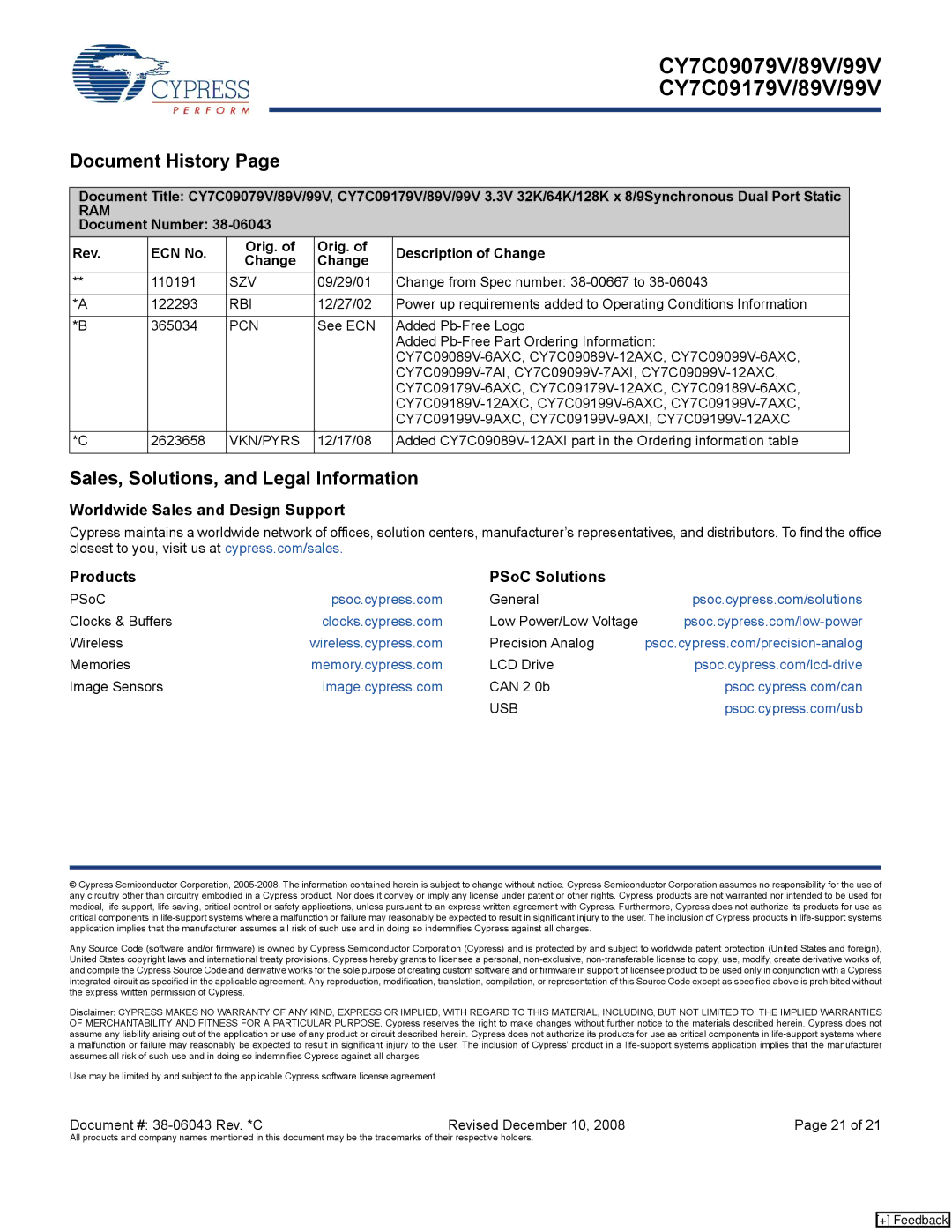 Cypress CY7C09089V, CY7C09179V, CY7C09099V, CY7C09199V, CY7C09079V Document History, Sales, Solutions, and Legal Information 