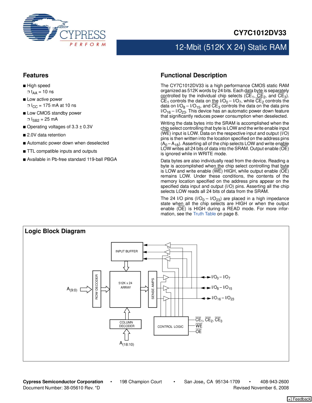 Cypress CY7C1012DV33 manual Features, Functional Description, Logic Block Diagram 