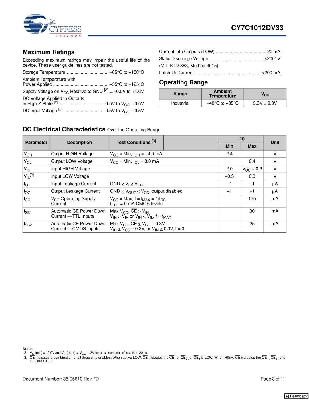 Cypress CY7C1012DV33 manual Maximum Ratings, DC Electrical Characteristics Over the Operating Range, Range Ambient 