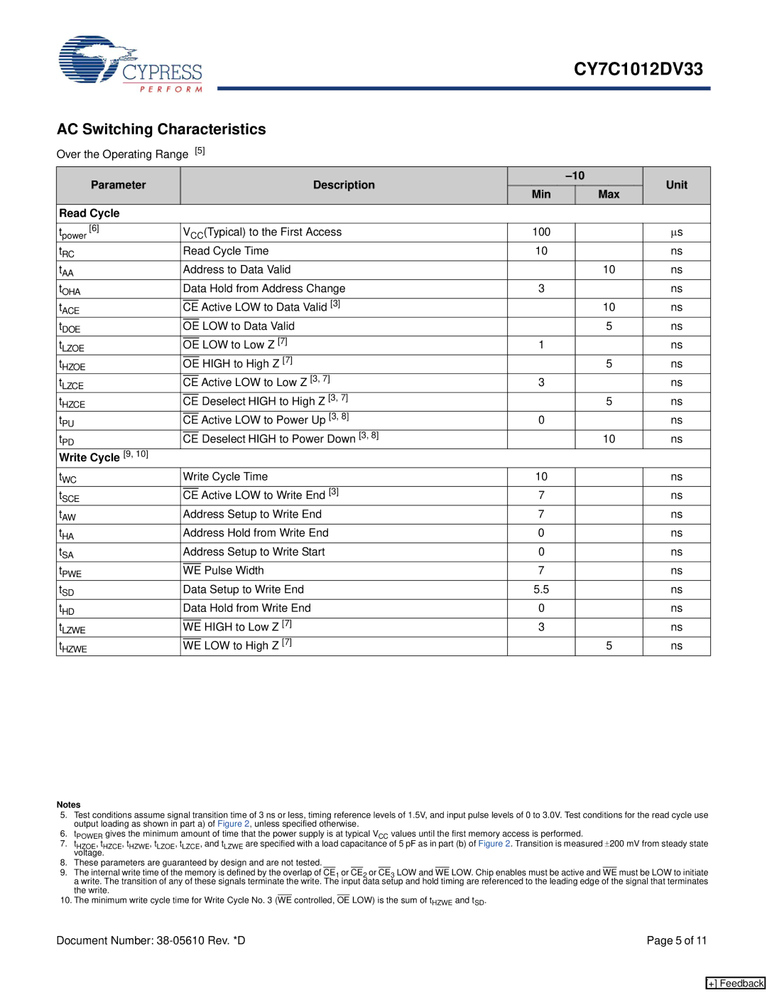 Cypress CY7C1012DV33 manual AC Switching Characteristics, Parameter Description Unit Min Max Read Cycle, Write Cycle 9 