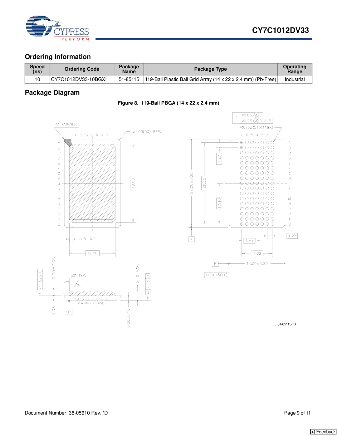 Cypress manual Ordering Information, Package Diagram, Speed Ordering Code, Operating, Name Range CY7C1012DV33-10BGXI 