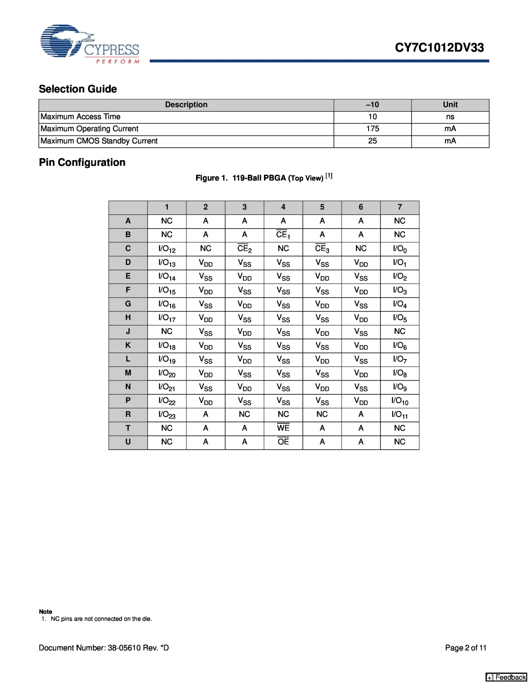 Cypress CY7C1012DV33 manual Selection Guide, Pin Configuration, Description, Unit, 119-Ball PBGA Top View 
