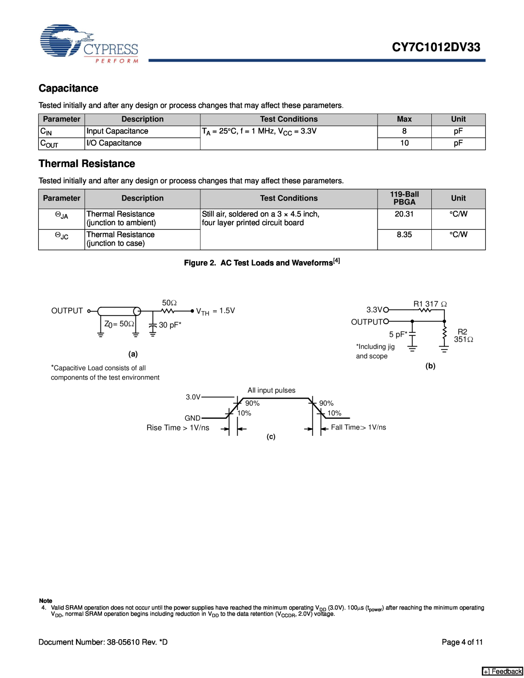 Cypress CY7C1012DV33 Capacitance, Thermal Resistance, Ball, Pbga, AC Test Loads and Waveforms4, Parameter, Description 