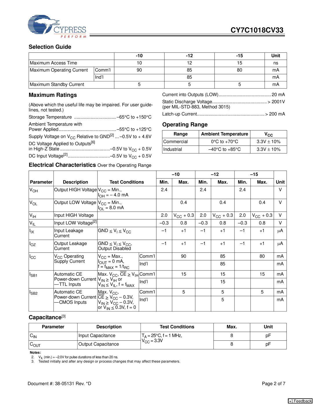 Cypress CY7C1018CV33 Selection Guide, Maximum Ratings, Electrical Characteristics Over the Operating Range, Capacitance3 